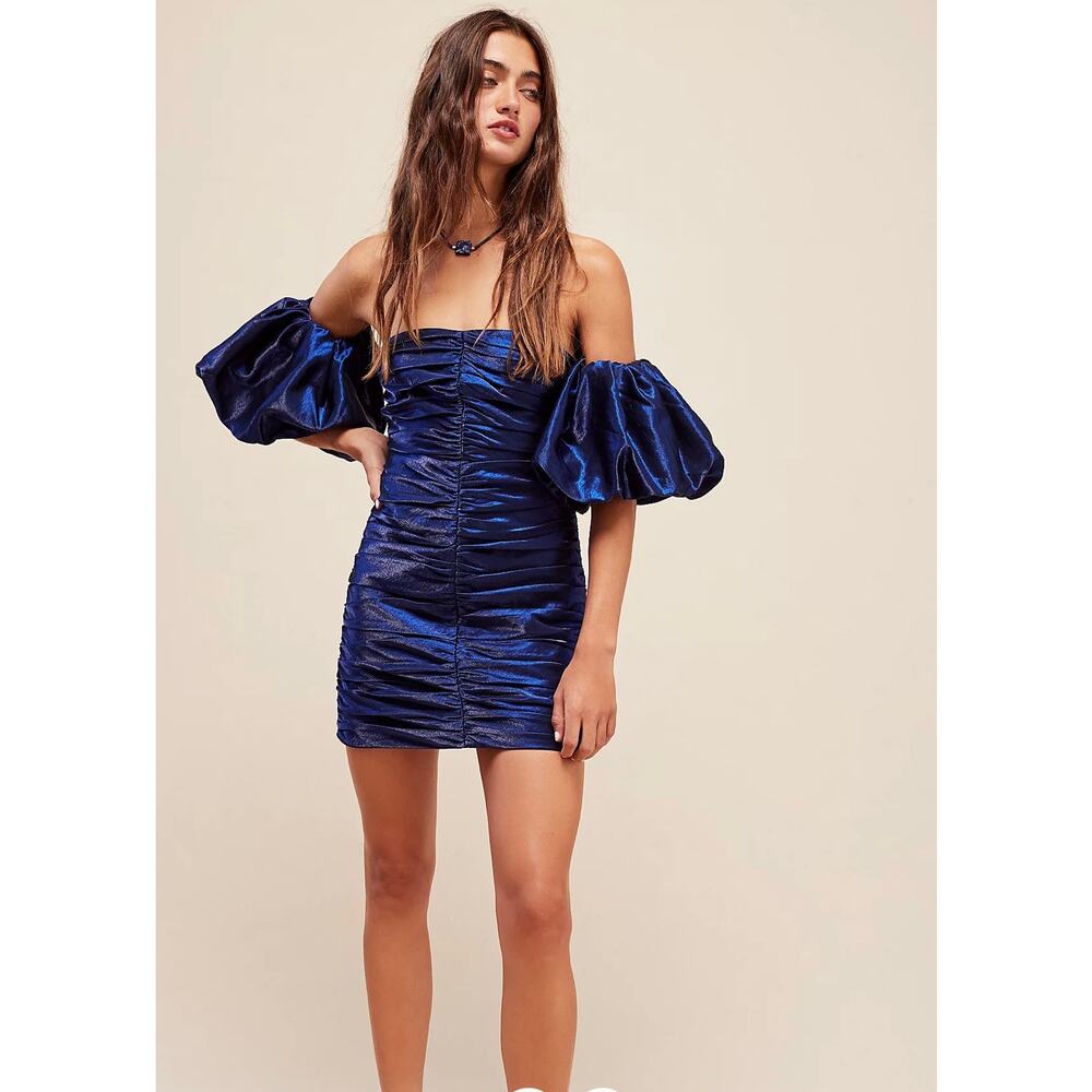 Shona Joy Miramare Ruched puff sleeve Mini Dress midnight navy blue size 2